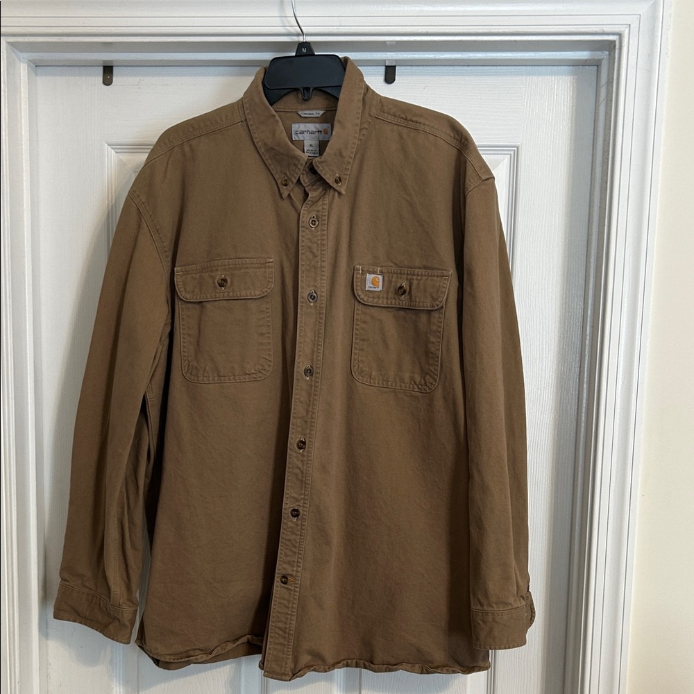Carhartt Brown/ Dark Khaki Button-Up Work Shirt with Dual Chest Pockets